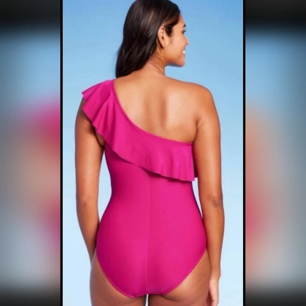 Kona Sol One Piece Swimsuit Ruffle One Shoulder Full Coverage Seat Hot Pink - Picture 15 of 15